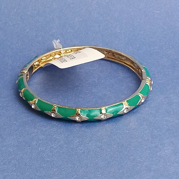Quadruple Star Pattern Emerald Green Enamel Hinge Bangle Skinny Bracelet - Picture 2 of 5